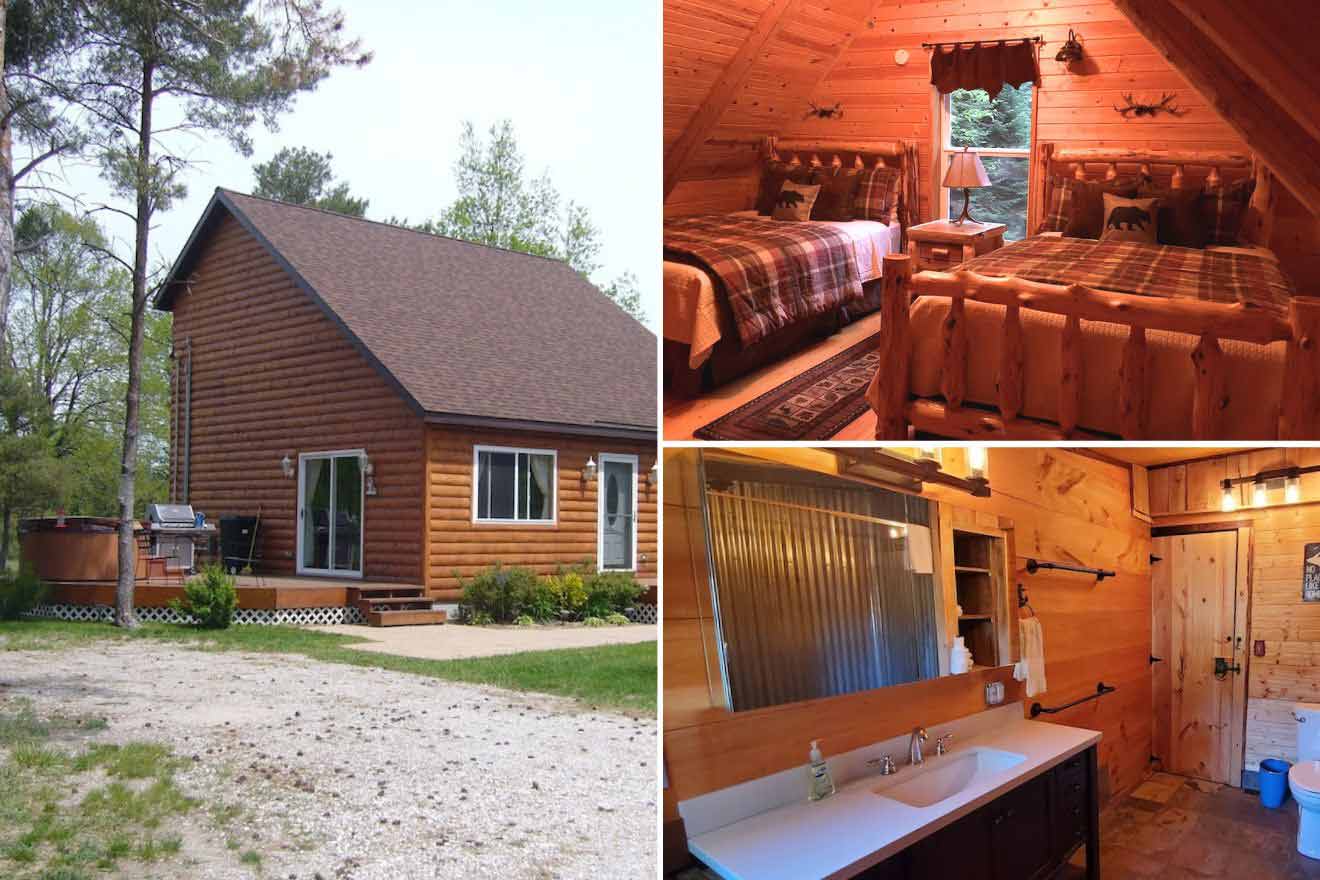 collage of 3 images containing a cabin's building, bedroom, and a bathroom