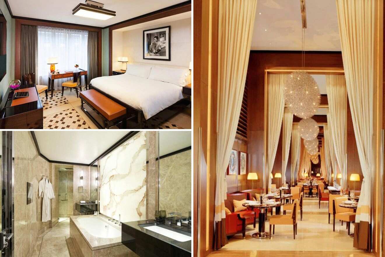 collage of 3 images containing a bedroom, bathroom and restaurant 