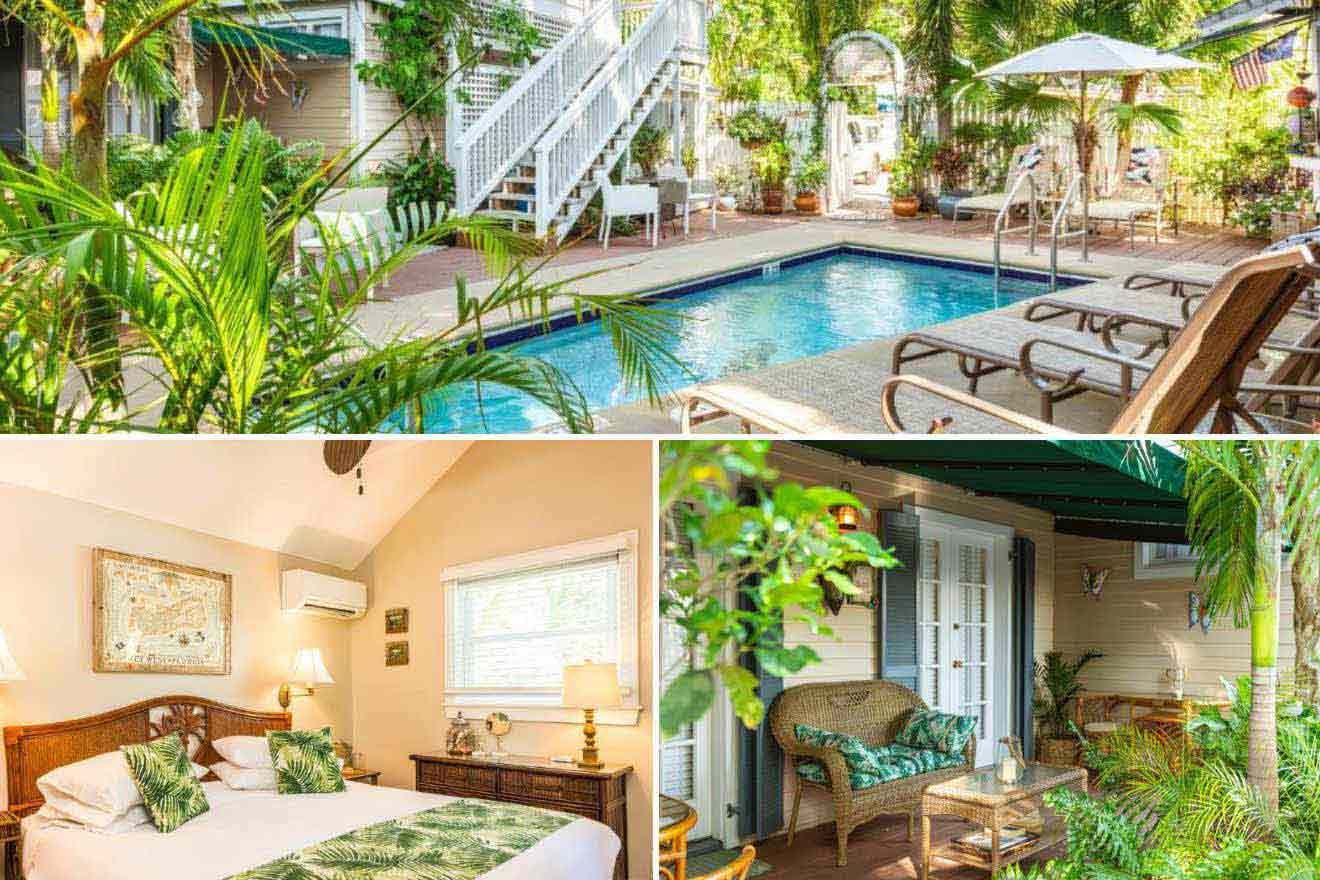 collage of 3 images containing a swimming pool, bedroom, and porch area