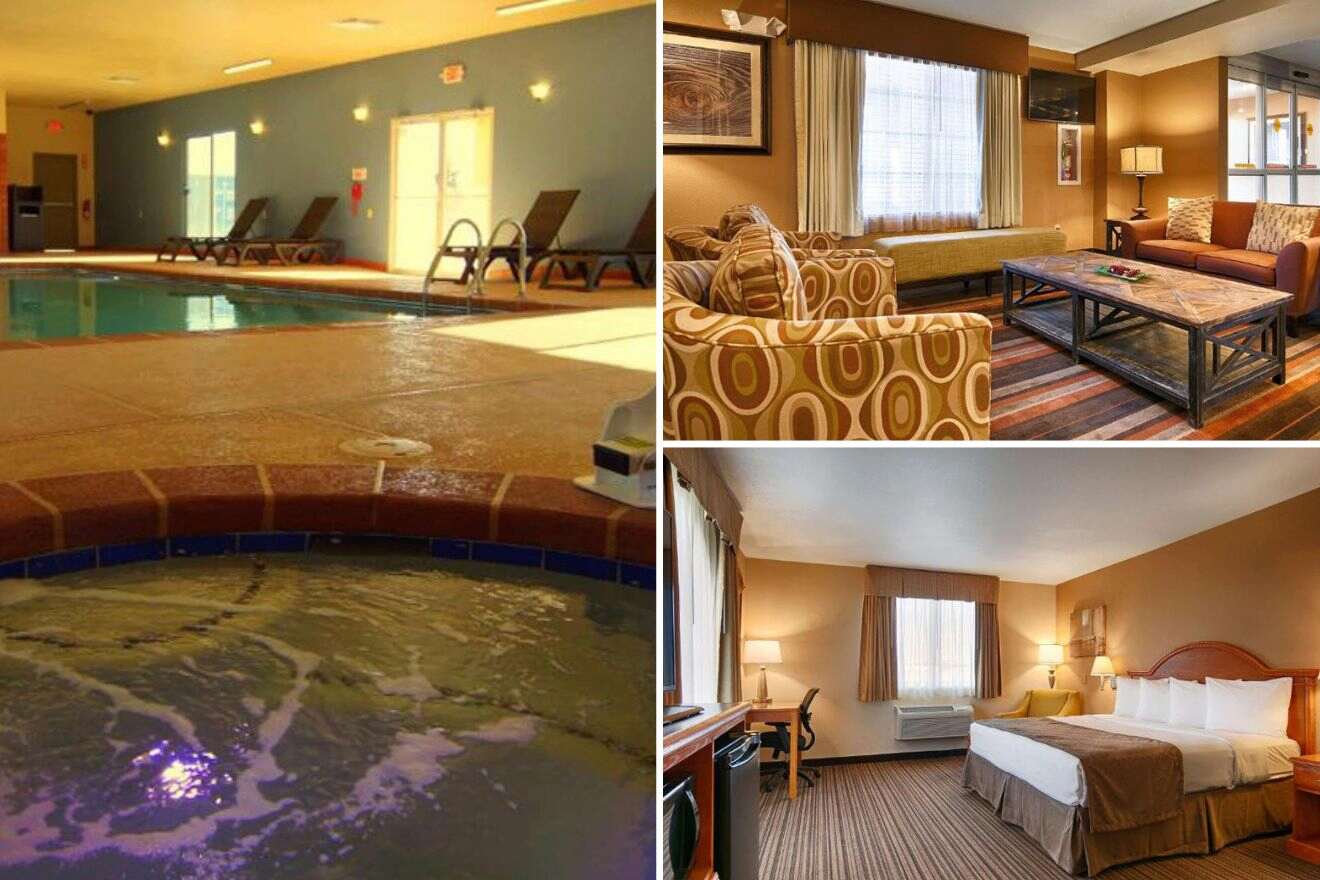 collage of 3 images containing an indoor swimming pool, bedroom, and lounge area