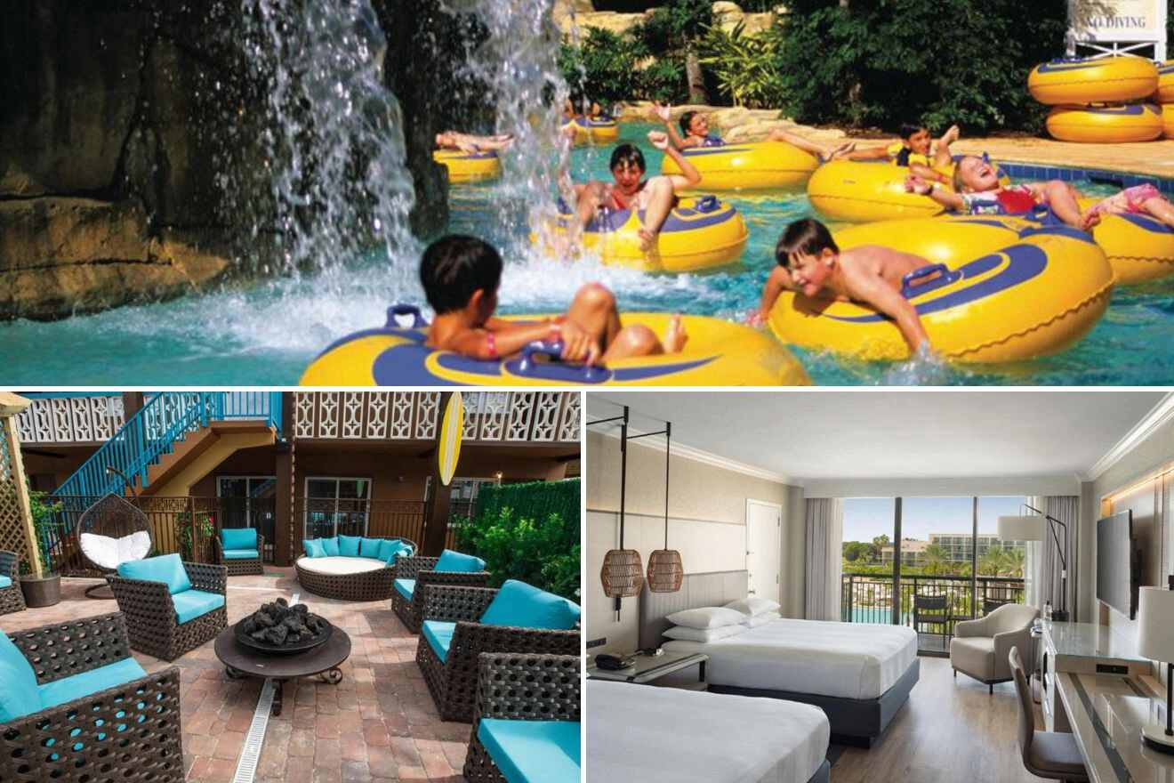 collage of 3 images containing a lounge area, bedroom, and kids on a lazy river