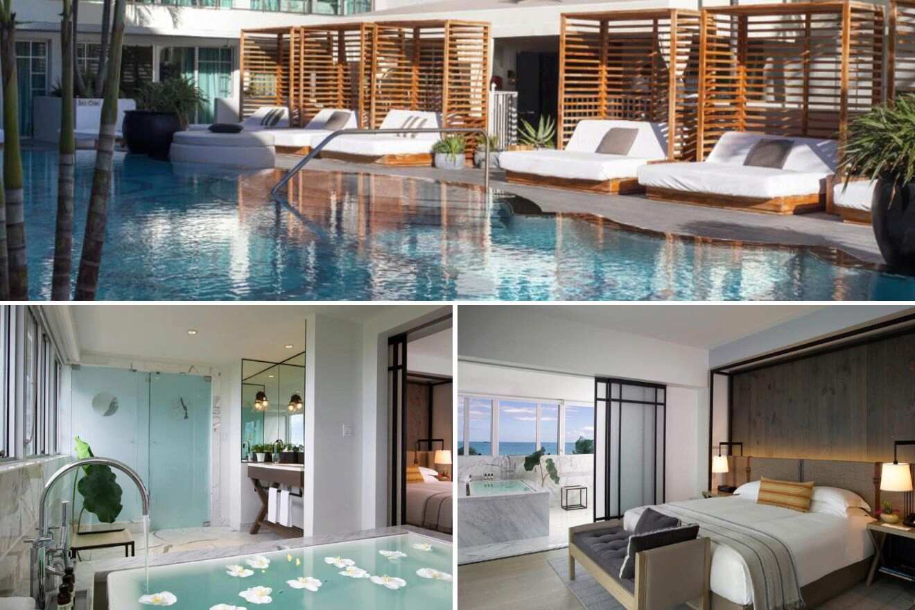 collage of 3 images containing a swimming pool, bedroom, and bathroom with a bathtub