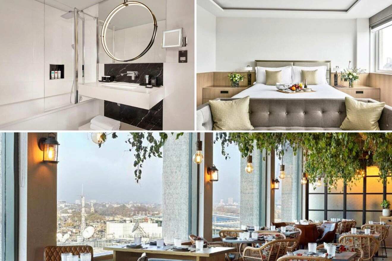 collage of 3 images containing a restaurant with a view over London, a bedroom, and a bathroom