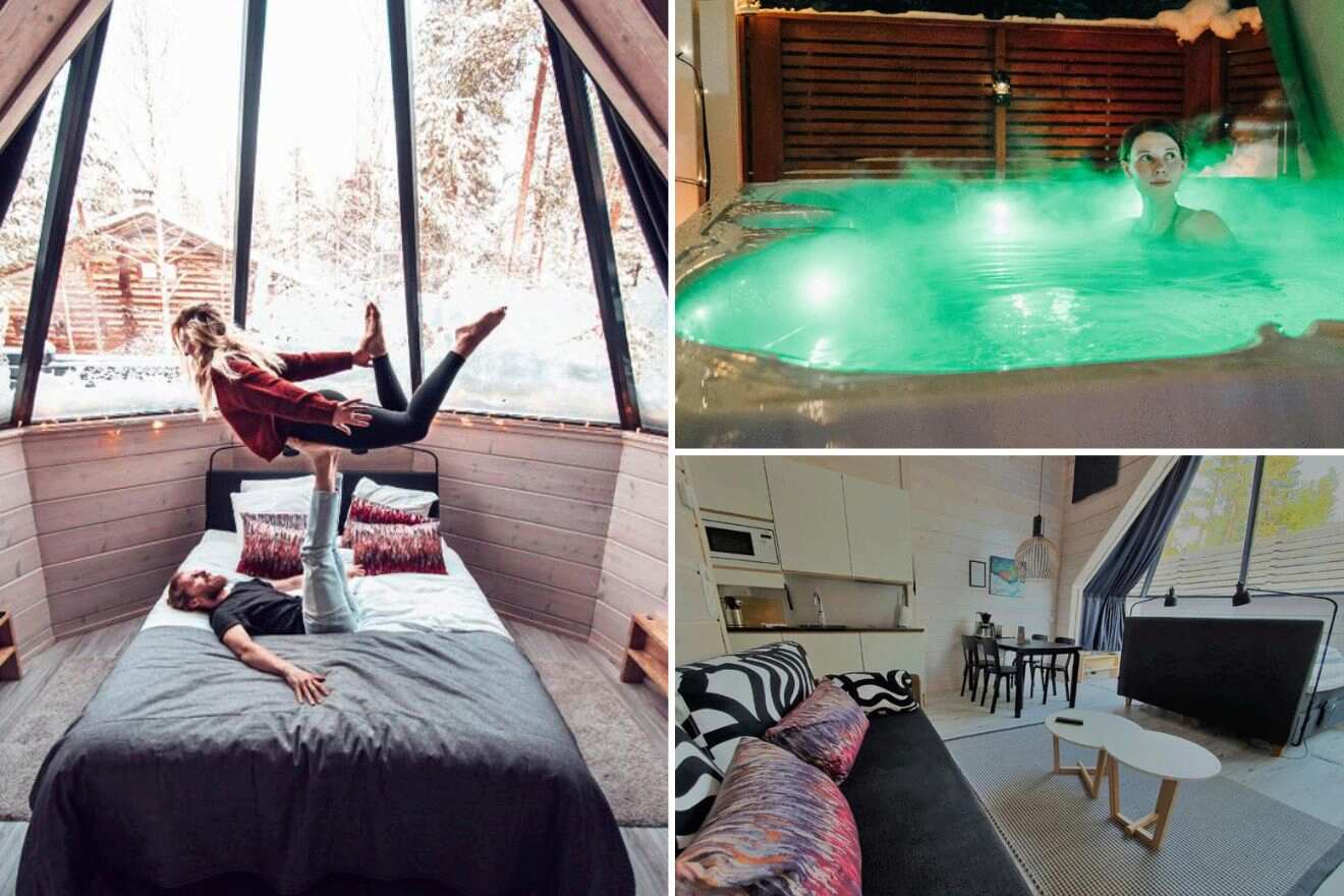 collage of 3 images containing a woman sitting in a hot tub, a lounge area and a couple having fun on the bed