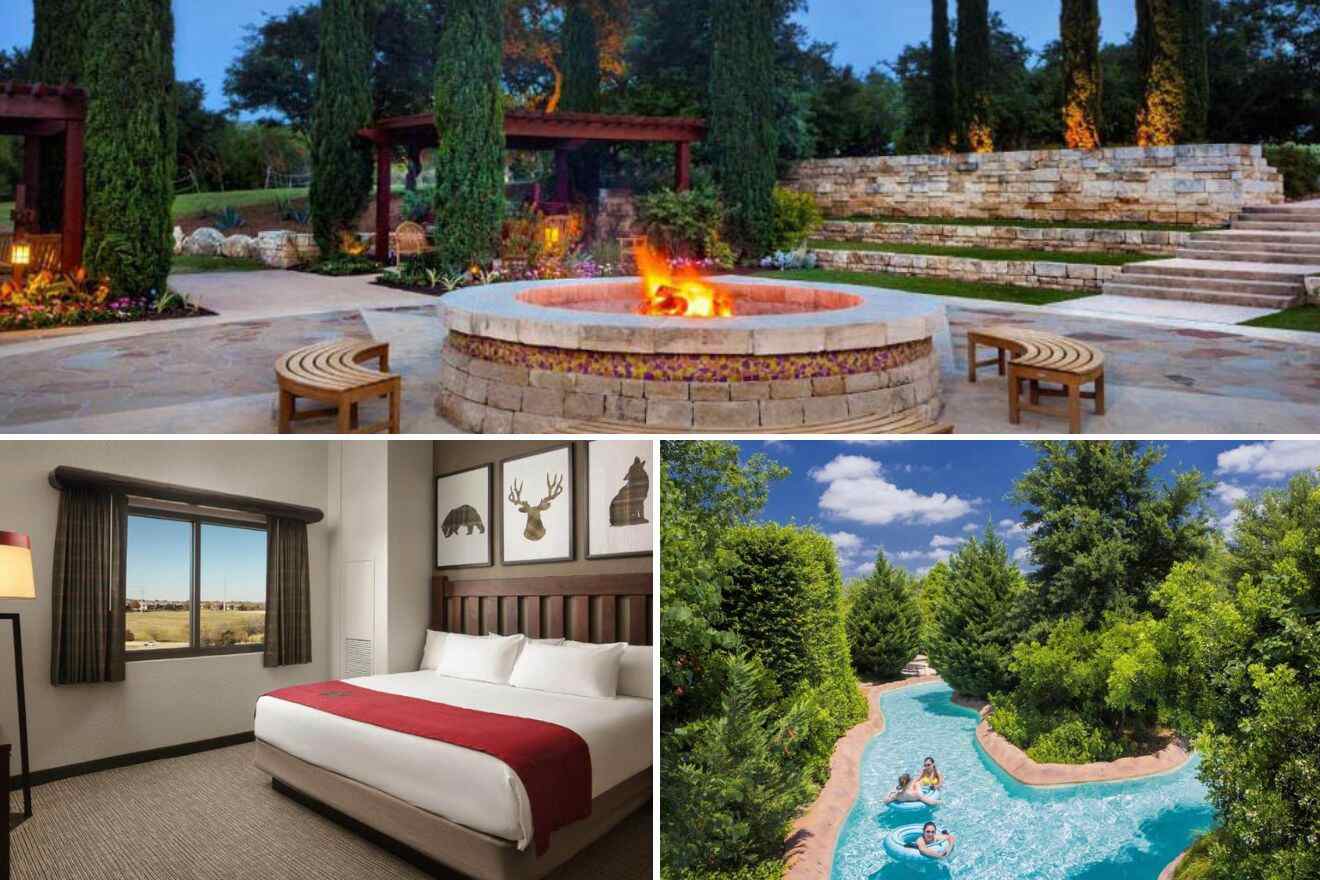 collage of 3 images containing a lazy river, bedroom, and outdoor sitting area around the firepit