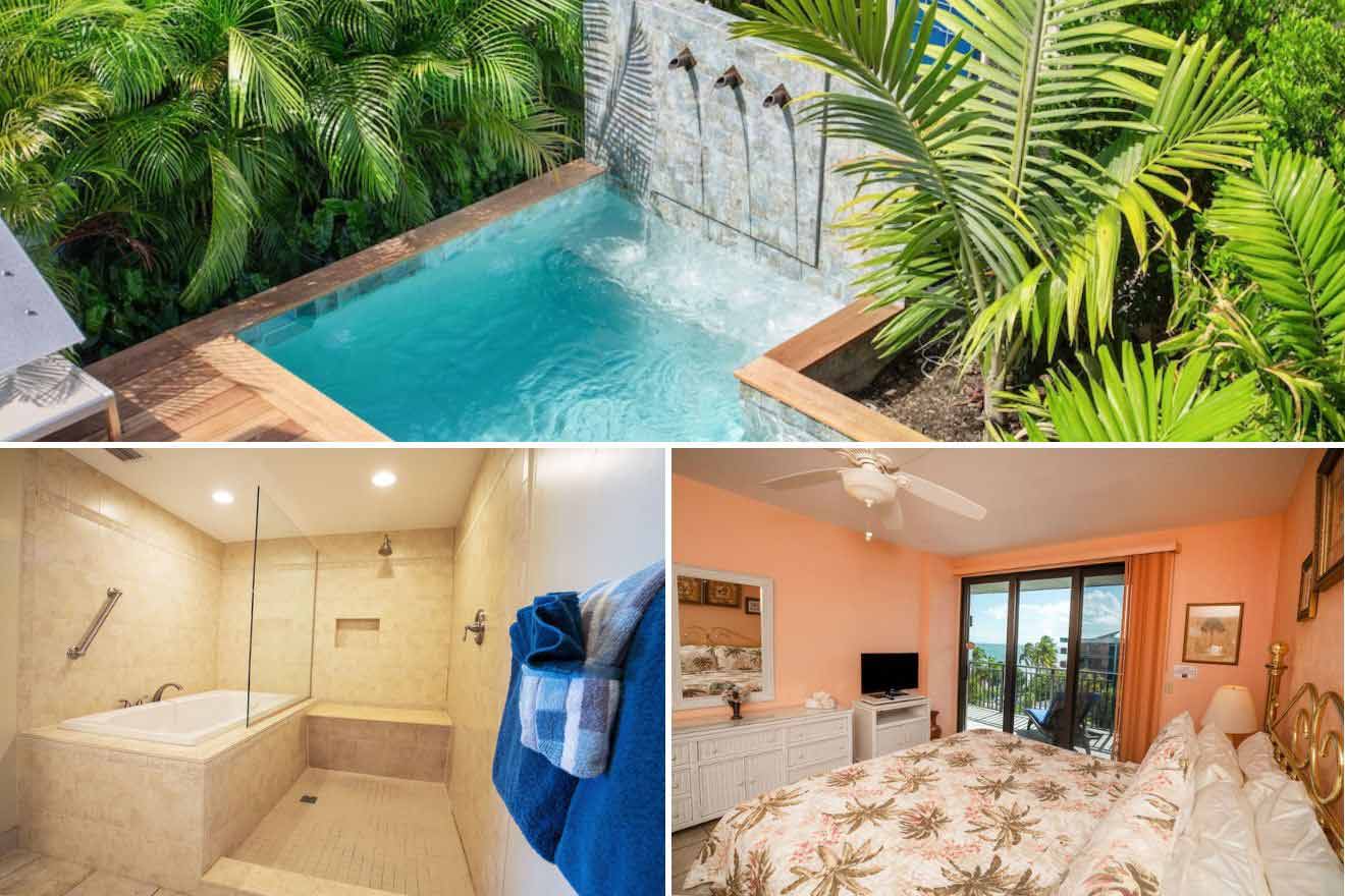 collage of 3 images containing a swimming pool, bedroom, and bathroom
