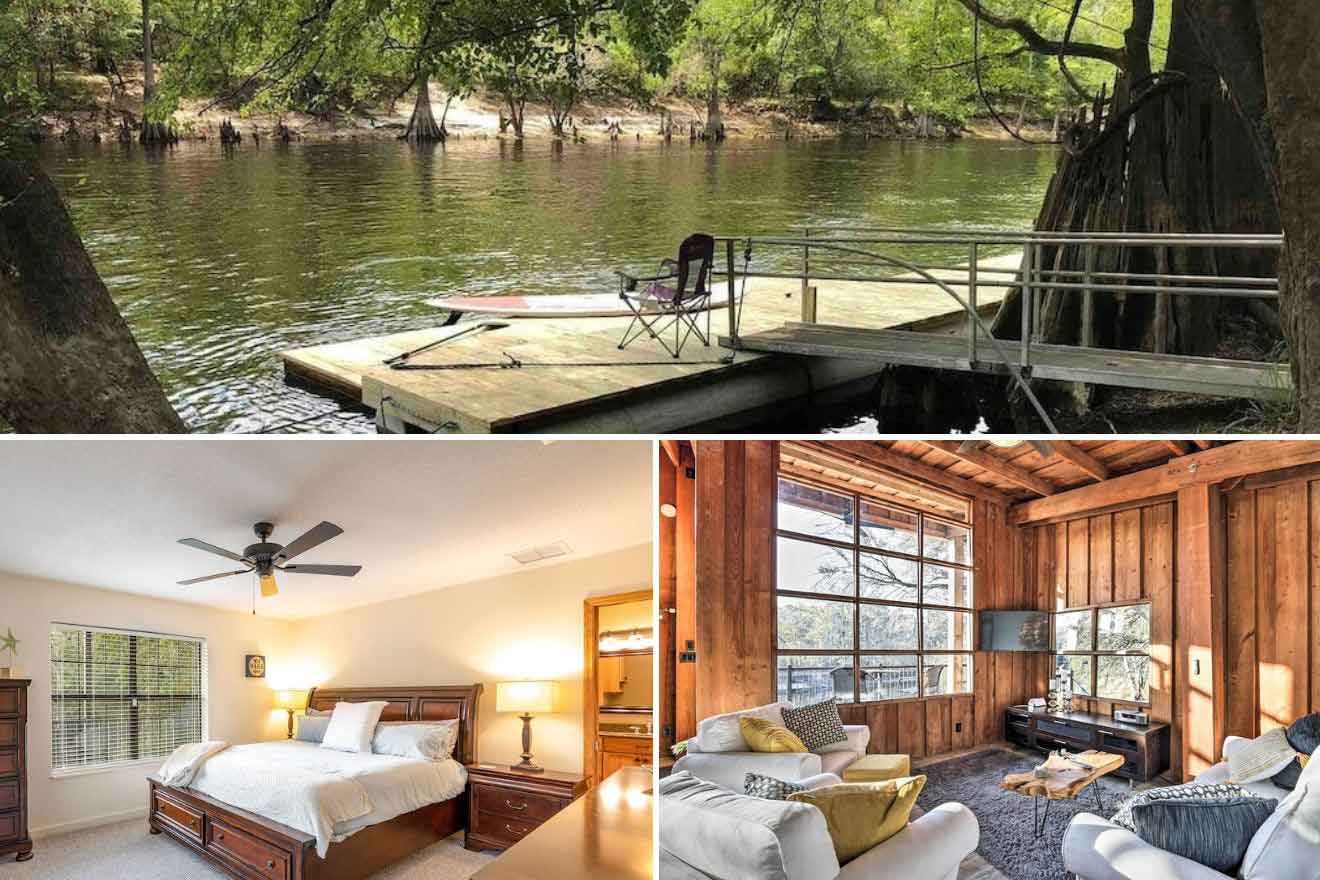 collage of 3 images containing a cabin's lounge area, bedroom, and a fishing space by the river