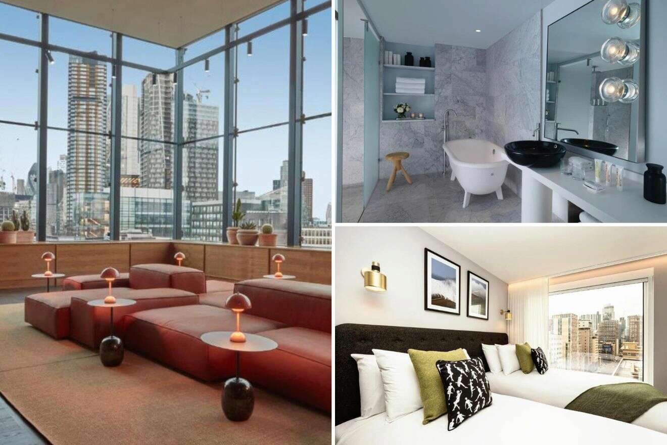 collage of 3 images containing a lounge area with a view over London, a bedroom, and a bathroom