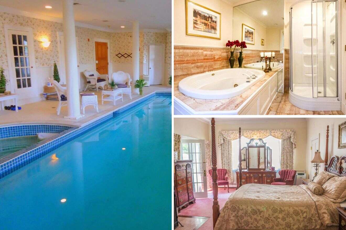 collage of 3 images containing an outdoor swimming pool, bedroom, and bathroom with jacuzzi