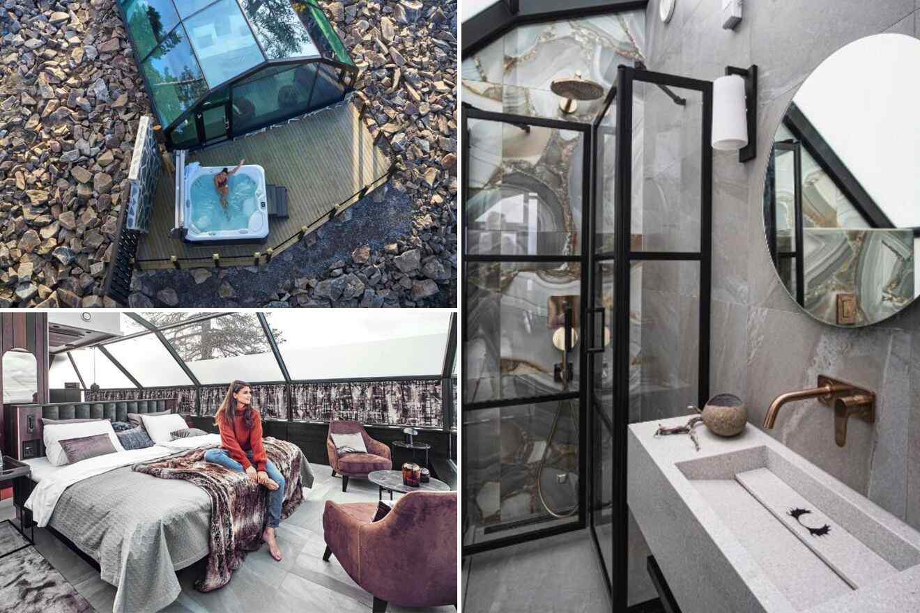 collage of 3 images containing an aerial view over an igloo glass hotel, a bathroom, and a bedroom with a glass ceiling