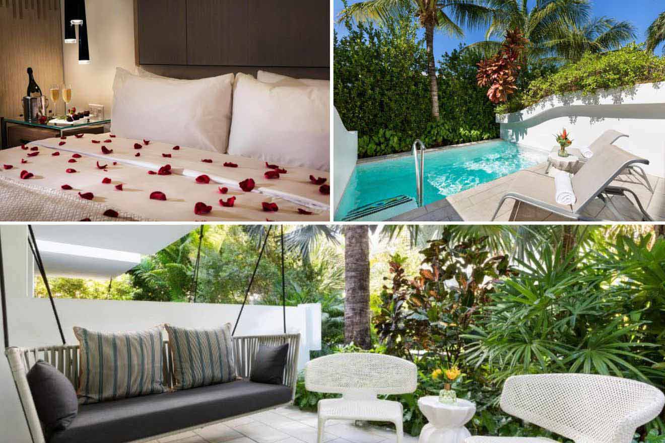 collage of 3 images containing a swimming pool, bedroom, and sitting area