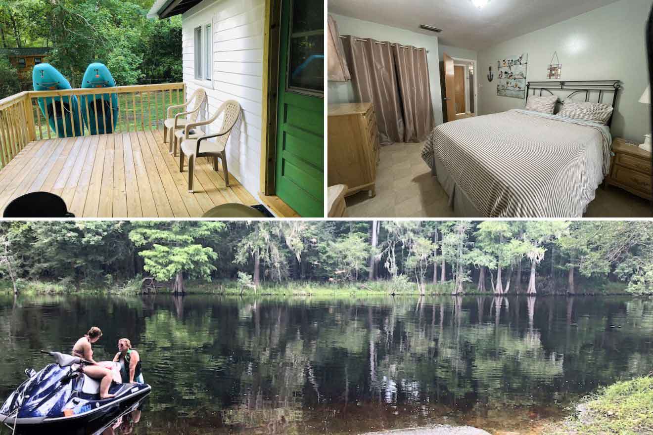collage of 3 images containing a river view , bedroom and the cabin's porch