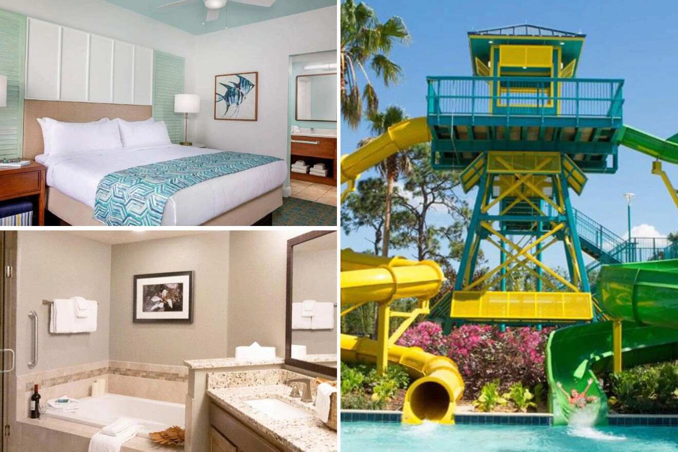 collage of 3 images containing water slides with waterslides, bedroom, and bathroom