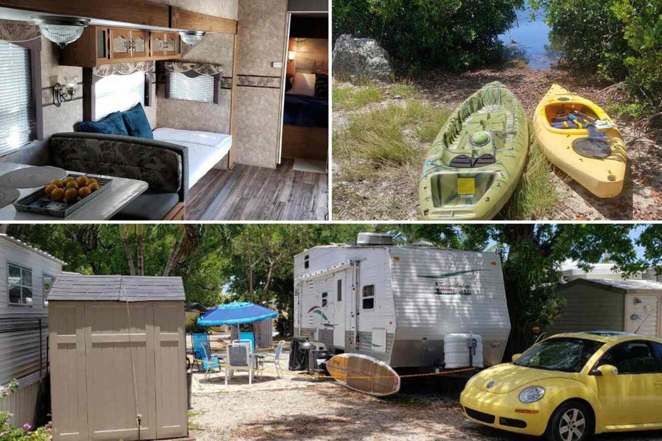 collage of 3 images with some kayaks by the river, camper van view from outside, and the sitting area