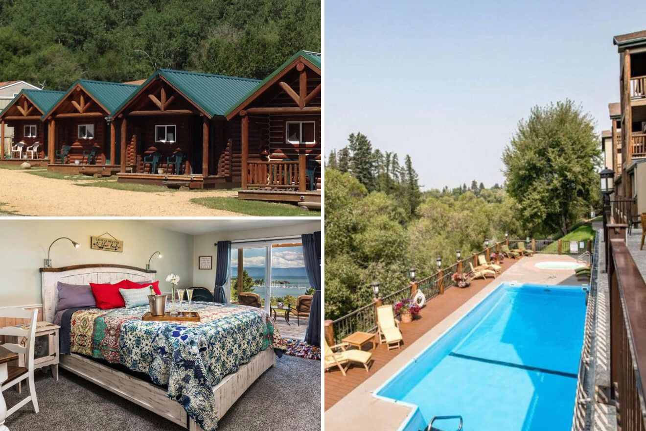collage of 3 images containing a swimming pool, bedroom, and cabins 