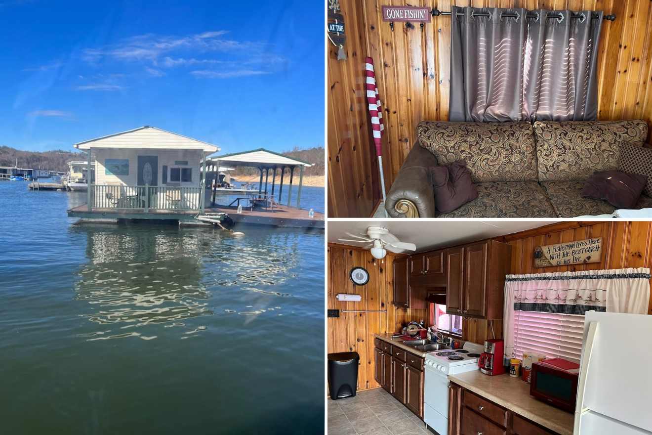 collage of 3 images with a houseboat, kitchen area, and lounge