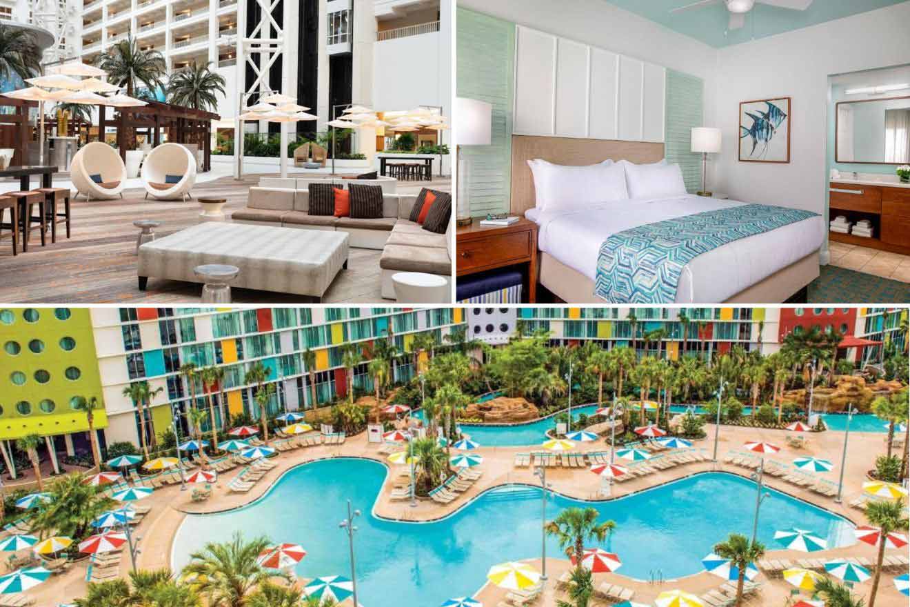 collage of 3 images containing an aerial view over a hotel's waterpark  bedroom, and sitting area