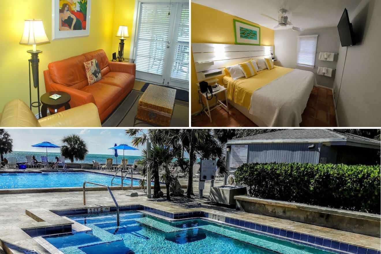 collage of 3 images containing a swimming pool, bedroom, and lounge
