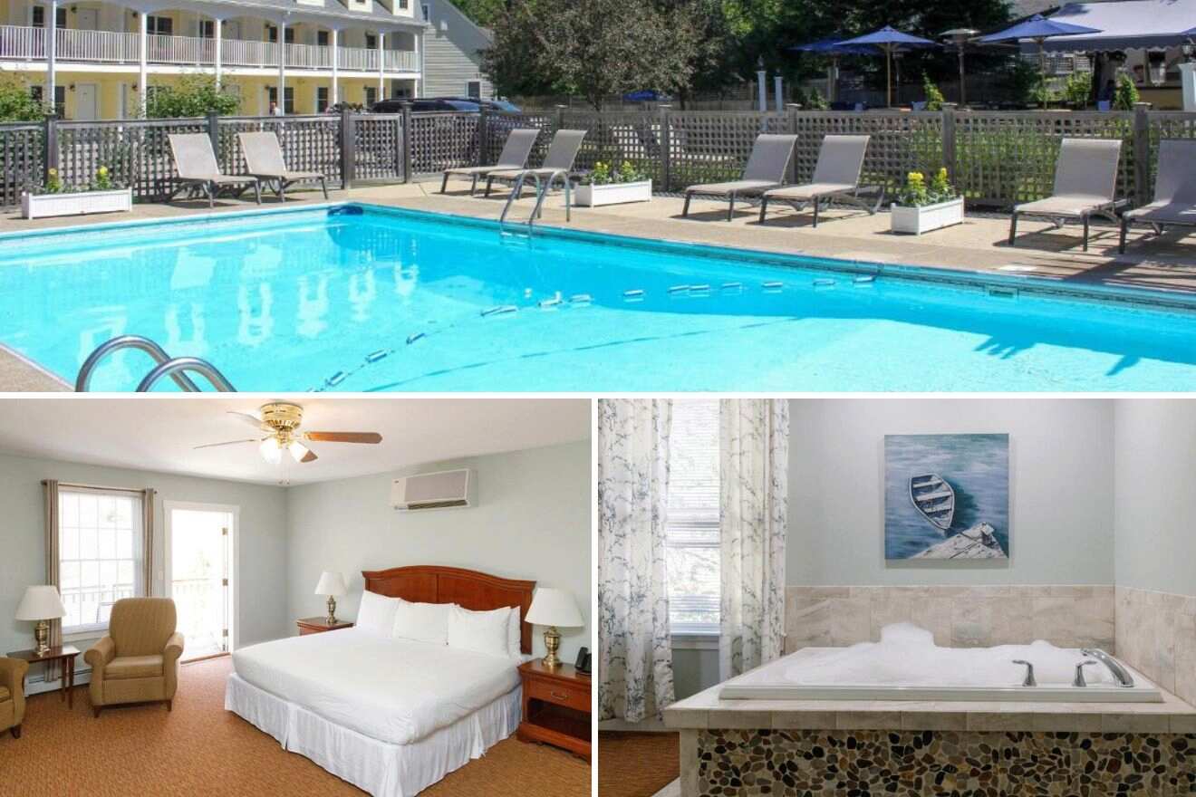 collage of 3 images containing an outdoor swimming pool, bedroom, and jacuzzi
