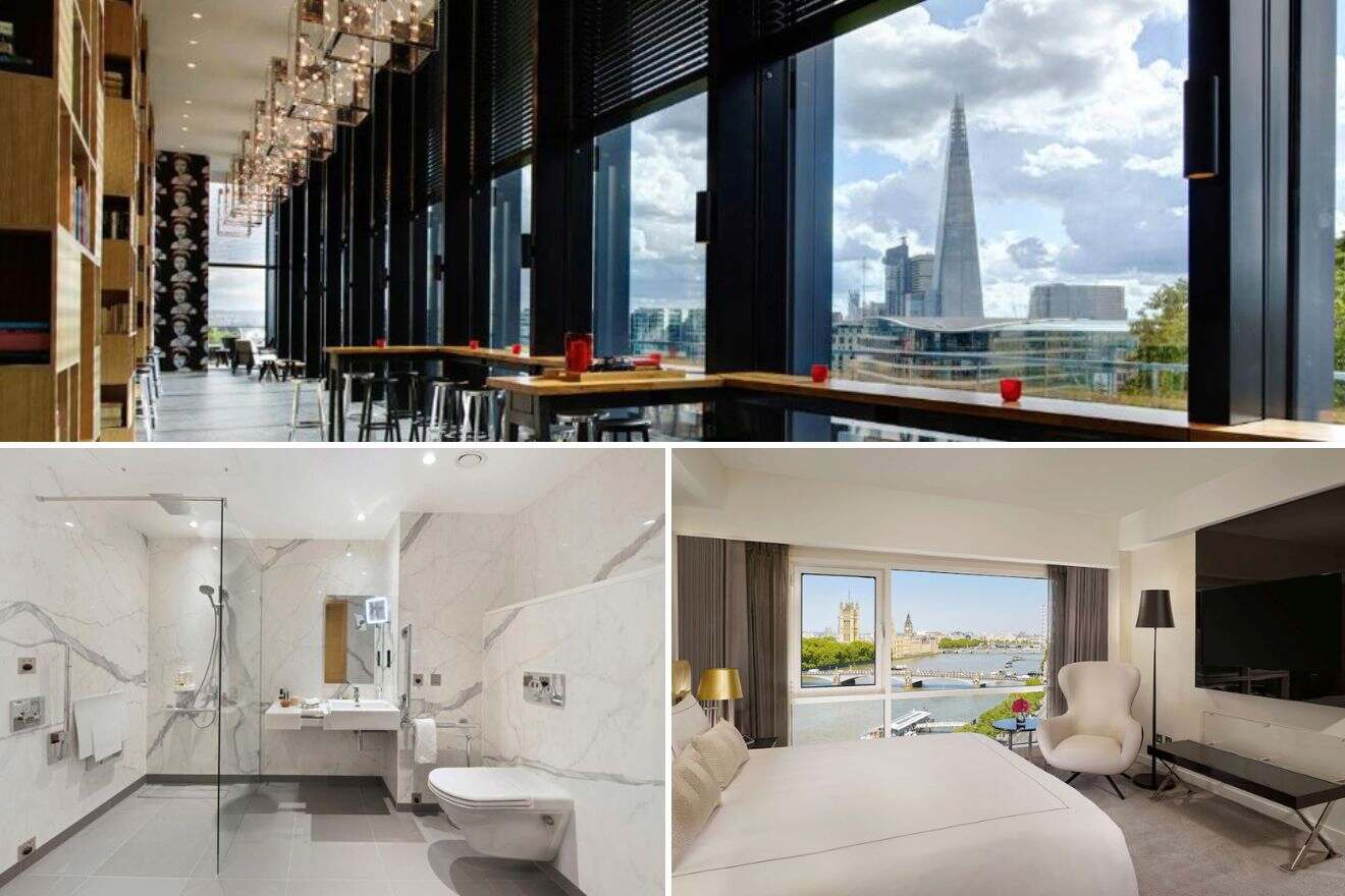 collage of 3 images containing a restaurant with a view over the Shard in London, a bedroom, and a bathroom