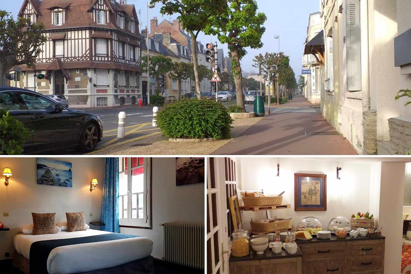 collage of 3 images containing bedroom, hotel street and breakfast area