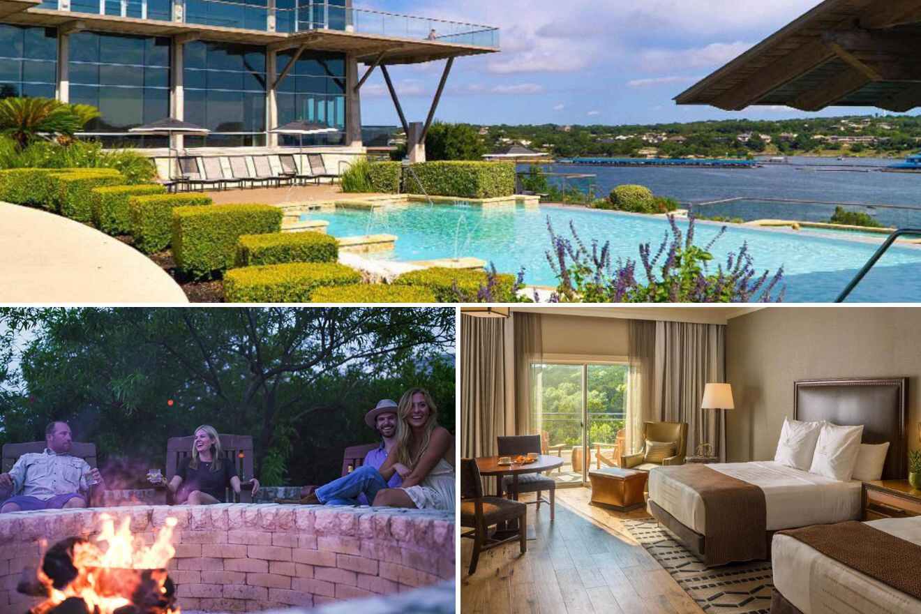 collage of 3 images containing a swimming pool, bedroom, and sitting area next to the firepit
