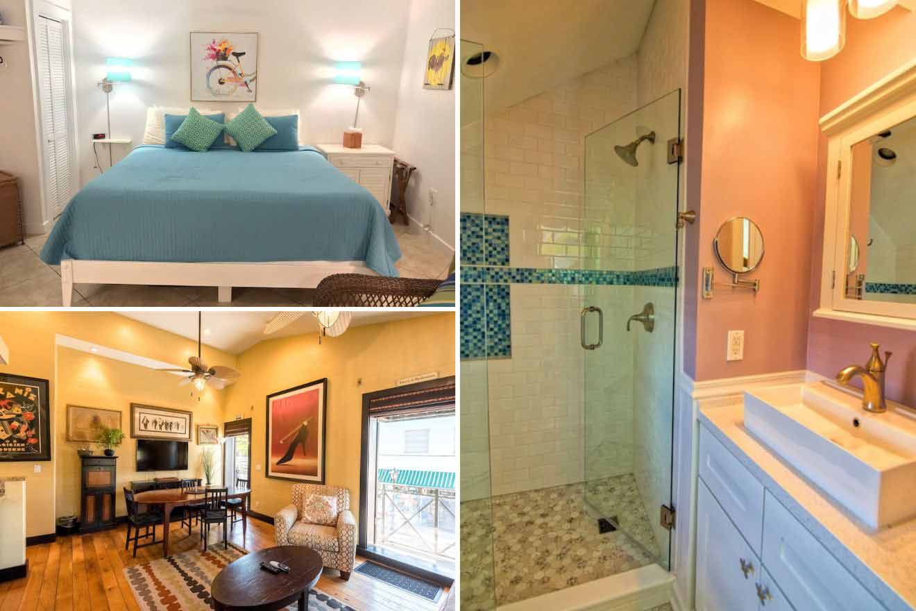 collage of 3 images containing the lounge area, bedroom, and bathroom