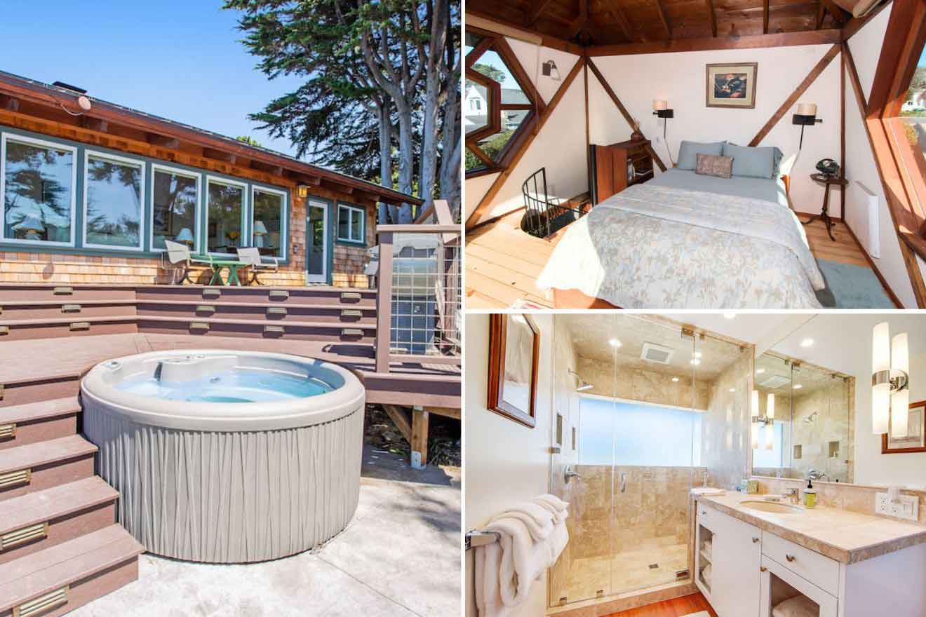 collage of 3 images containing outdoor hot tub, bedroom, and bathroom
