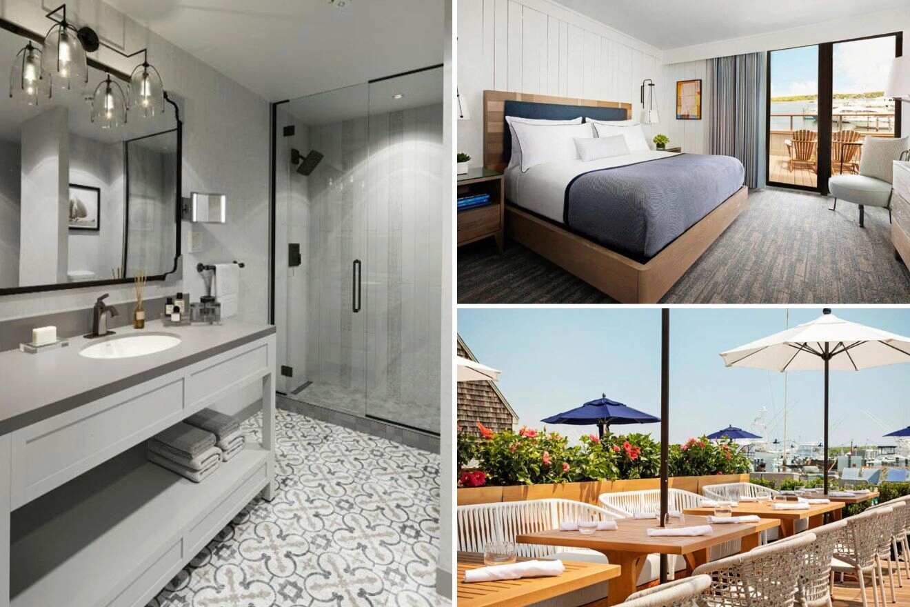 collage of 3 images containing restaurant, bedroom, and bathroom