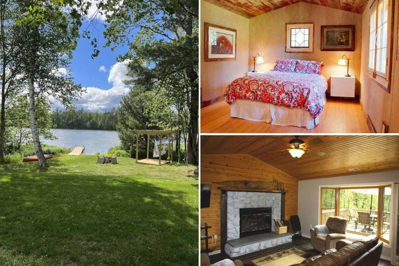 collage of 3 images containing a cabin's lounge area, bedroom, and a hot tub