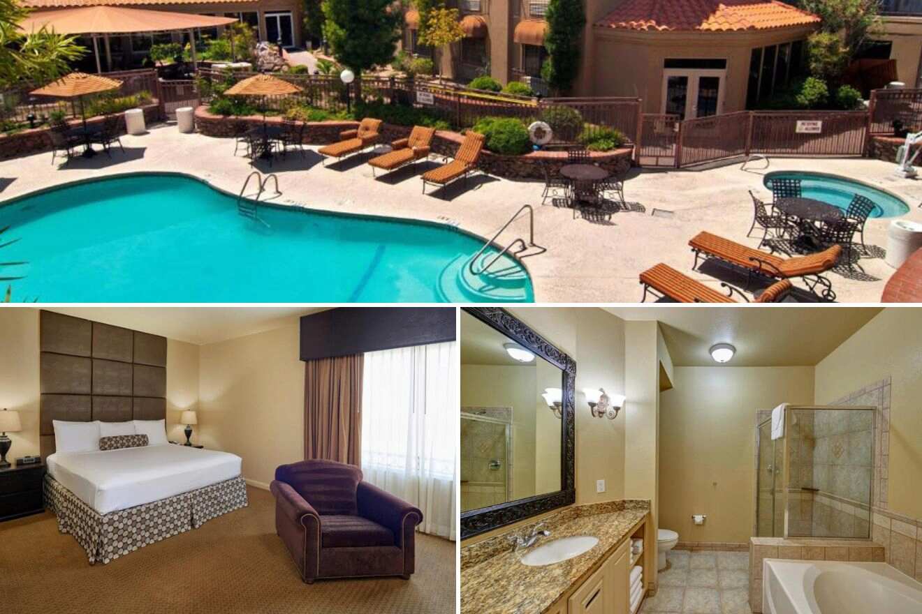 collage of 3 images containing a swimming pool, bedroom, and bathroom 