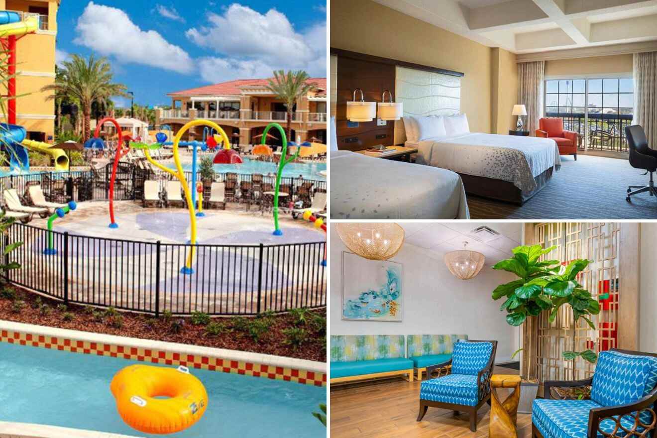 collage of 3 images containing a swimming pool with waterslides and lazy river, a bedroom, and a lounge area