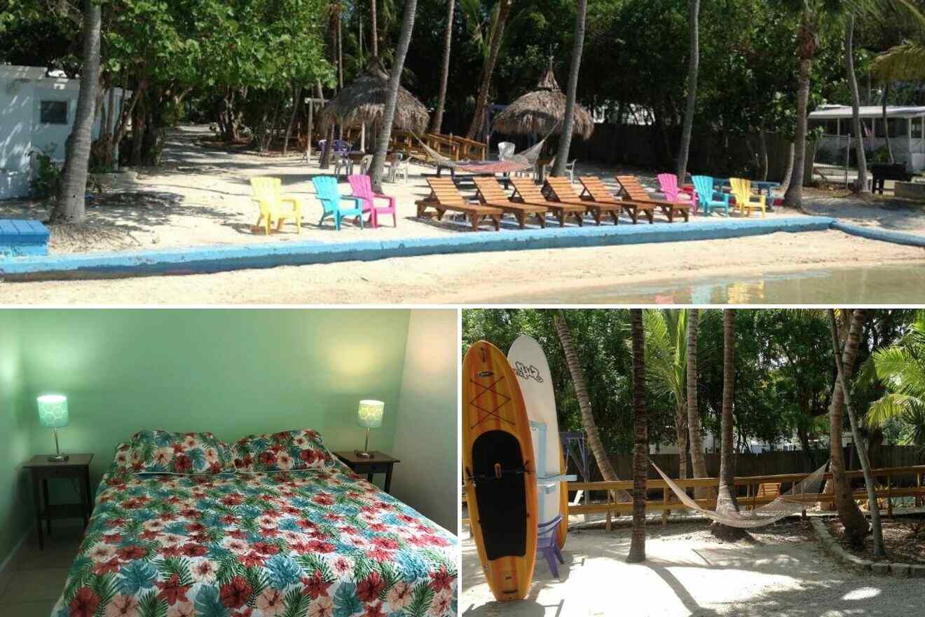 collage of 3 images with some kayaks, hammocks, sun beds by the water, and the bedroom