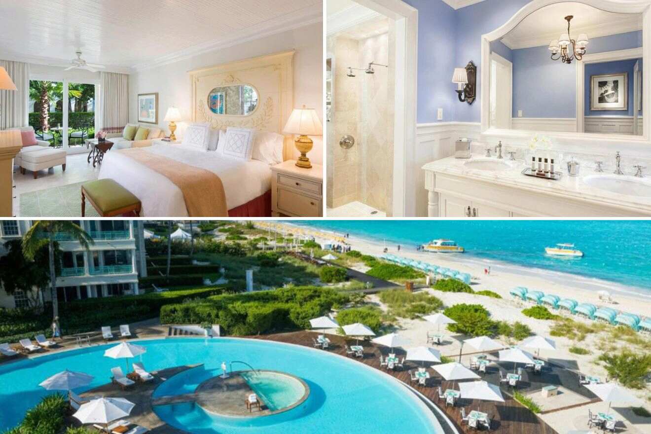 collage of 3 images containing an aerial view over the resort, bedroom, and bathroom