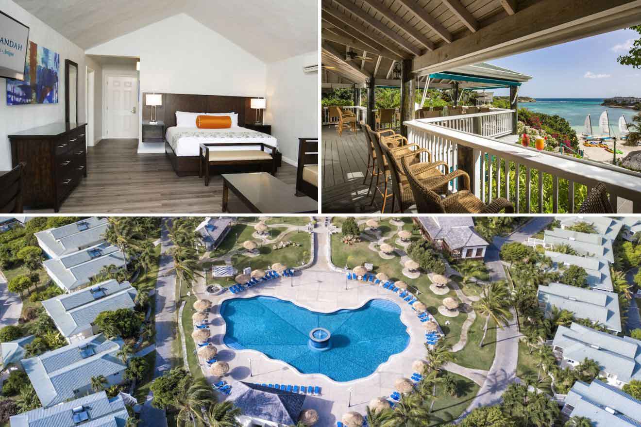 collage of 3 images containing an aerial view of the resort, bedroom, and terrace