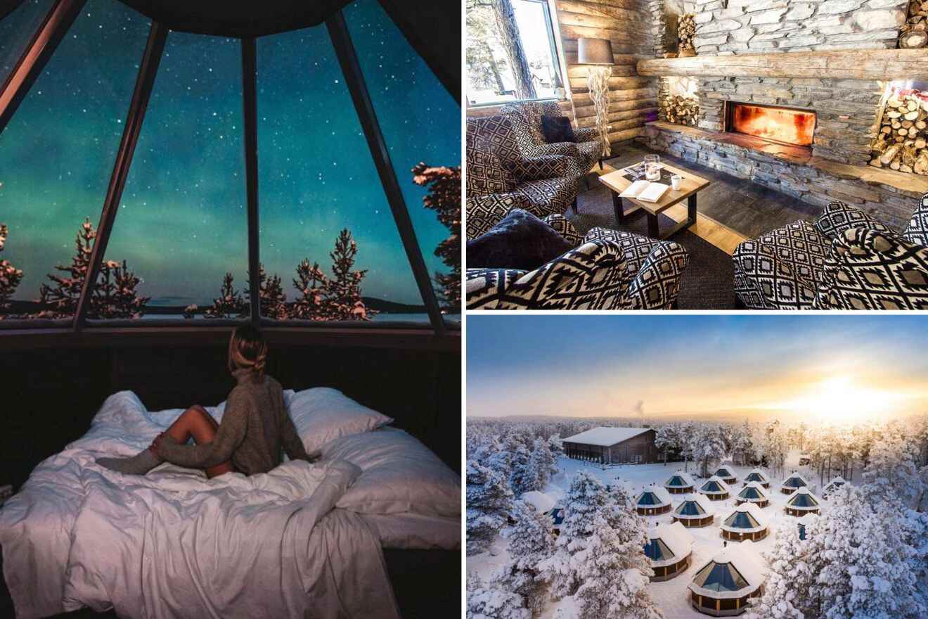 collage of 3 images containing a woman sitting on a bed watching the northern lights, a lounge area next to the fireplace and an aerial view over various igloos