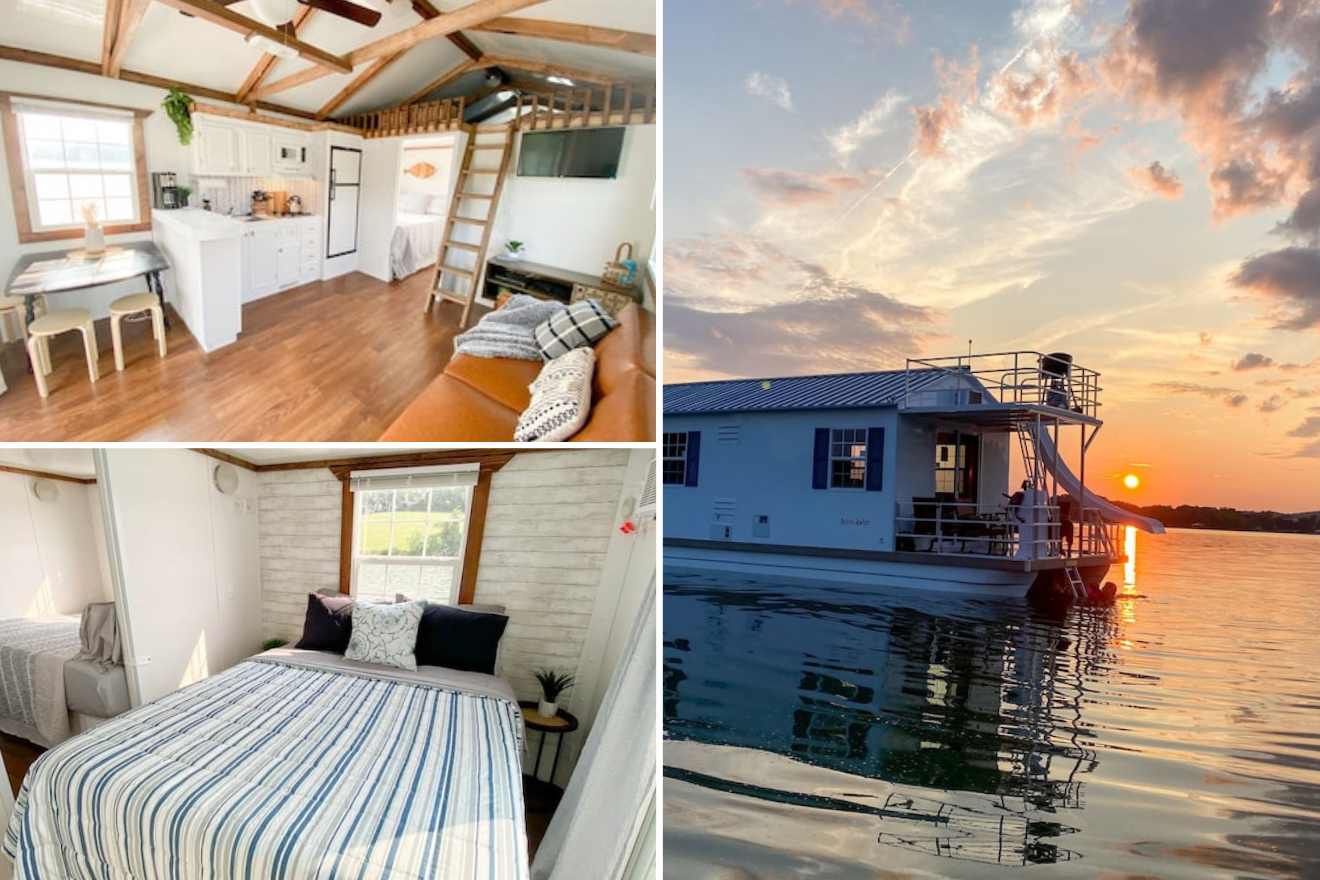 collage of 3 images with a houseboat, bedroom, and lounge