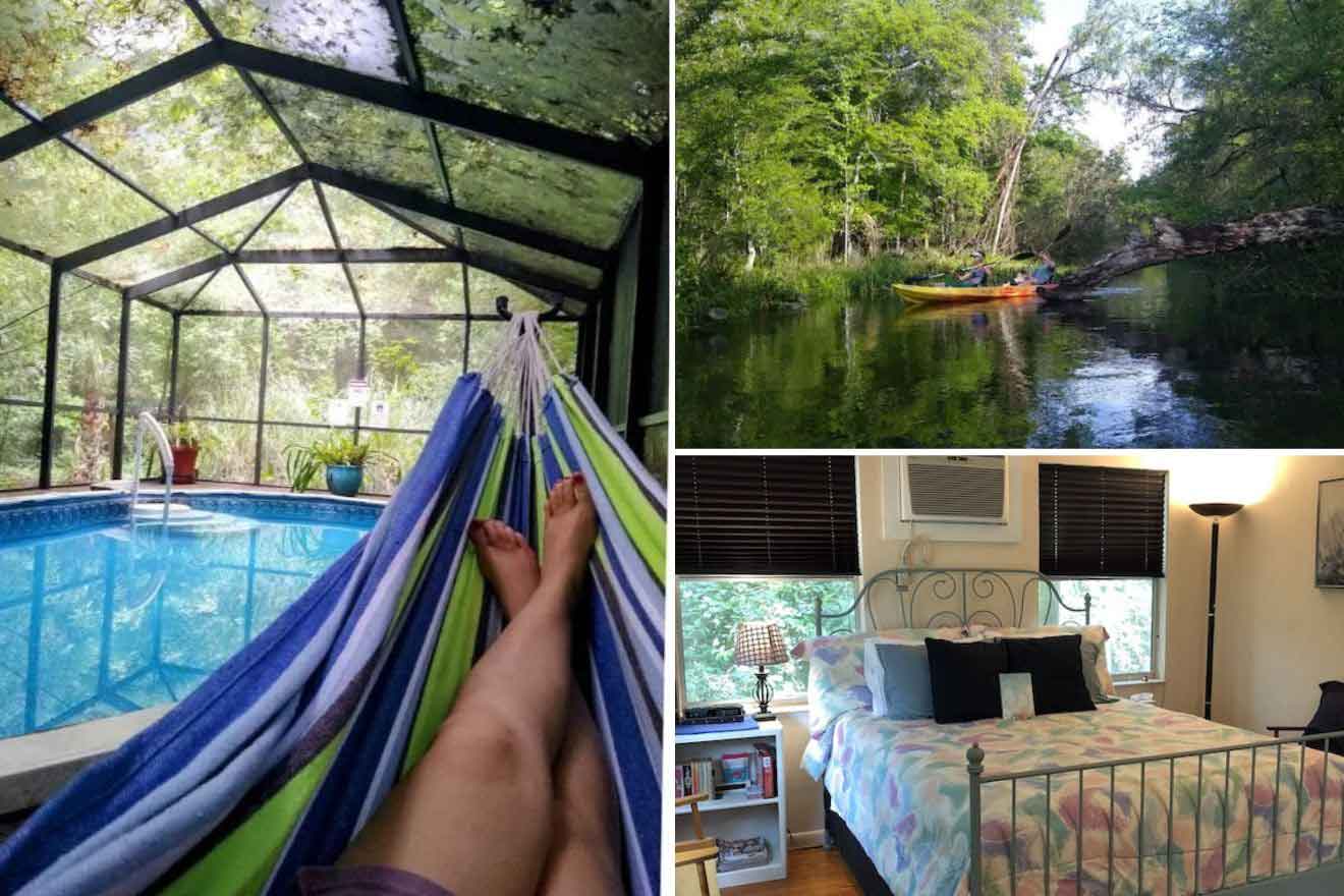 collage of 3 images containing a bedroom, people in ca canoe on the river and a woman sitting in the hammock next to a swimming pool