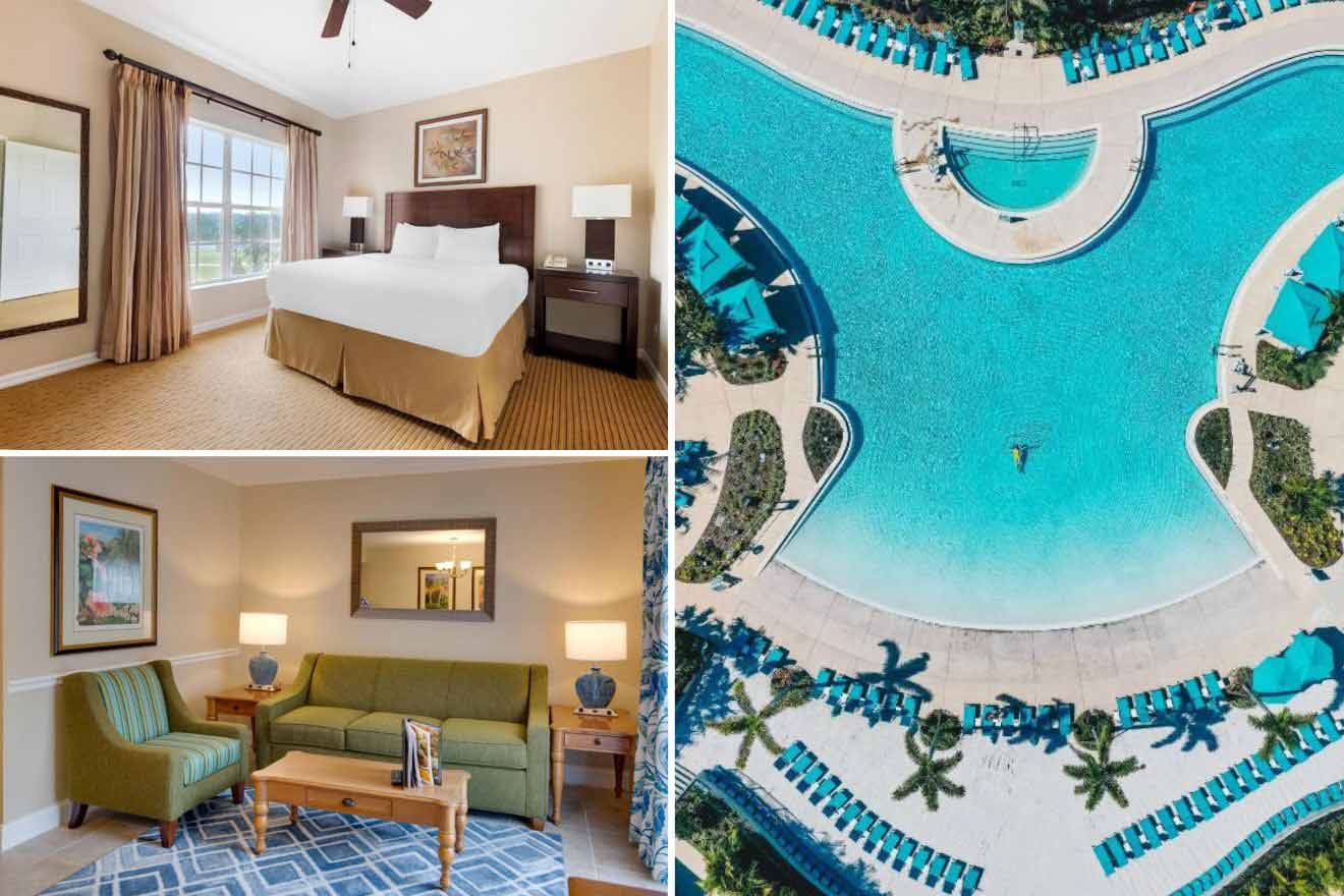 collage of 3 images containing an aerial view over a hotel's swimming pool, bedroom, and lounge area