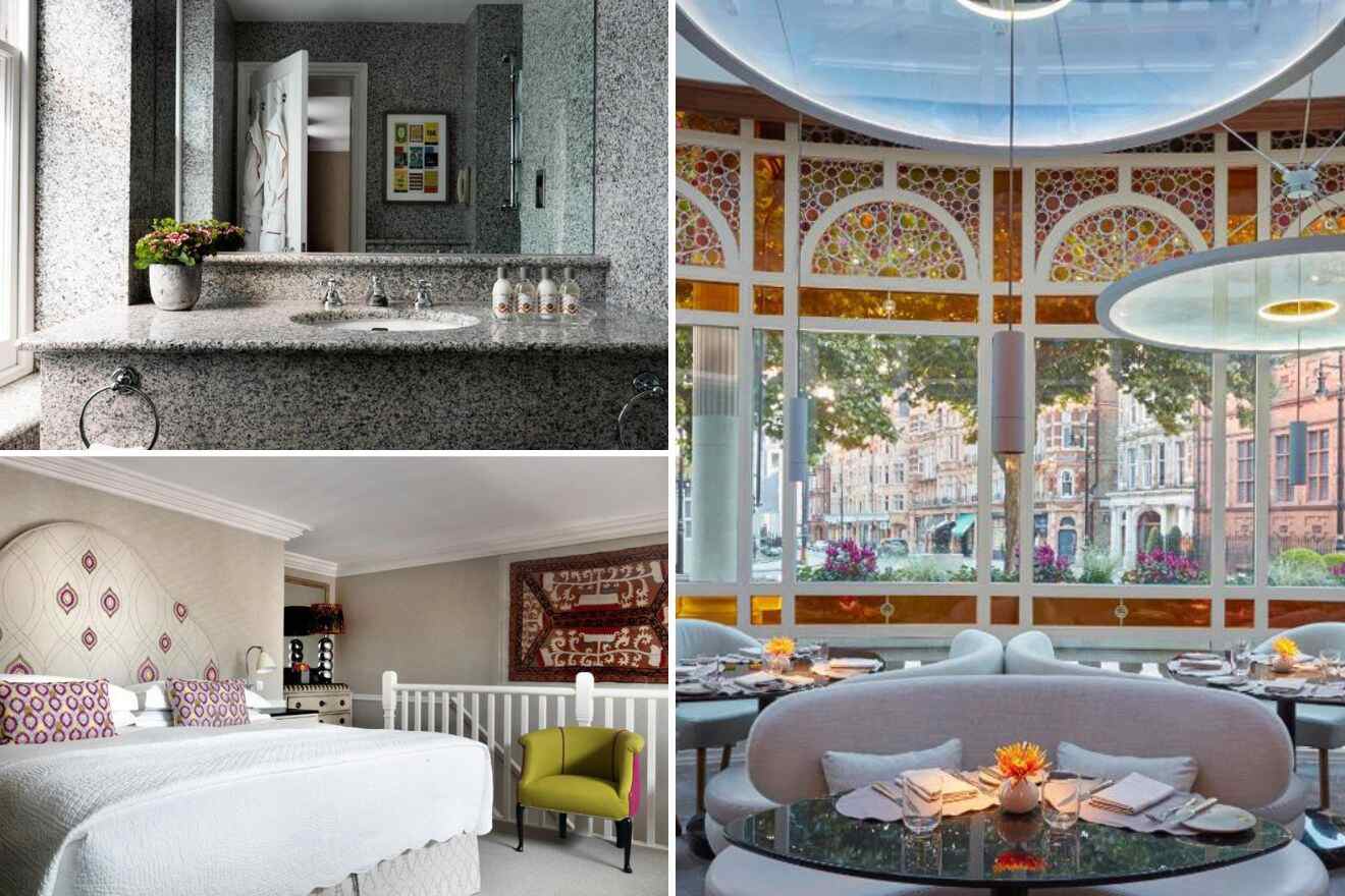 collage of 3 images containing the restaurant area, a bedroom, and a bathroom