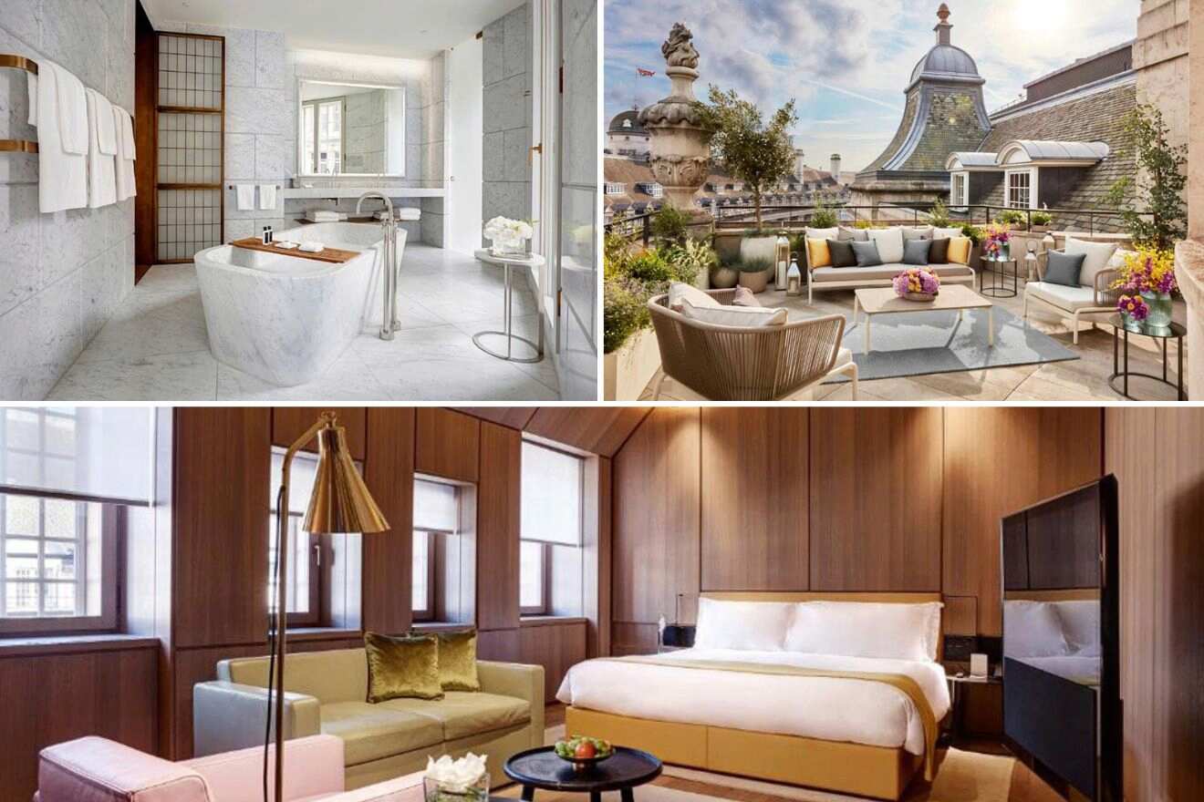 collage of 3 images containing a bedroom, bathroom and rooftop terrace