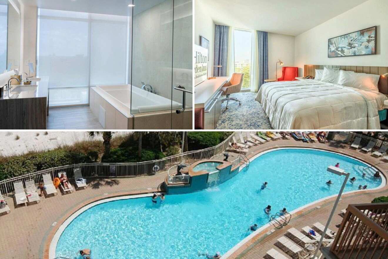 collage of 3 images containing a swimming pool, a bedroom, and a bathroom
