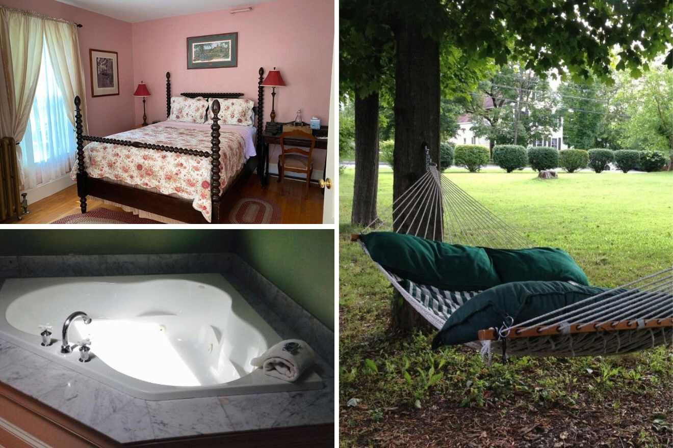 collage of 3 images containing hammock, bedroom, and jacuzzi