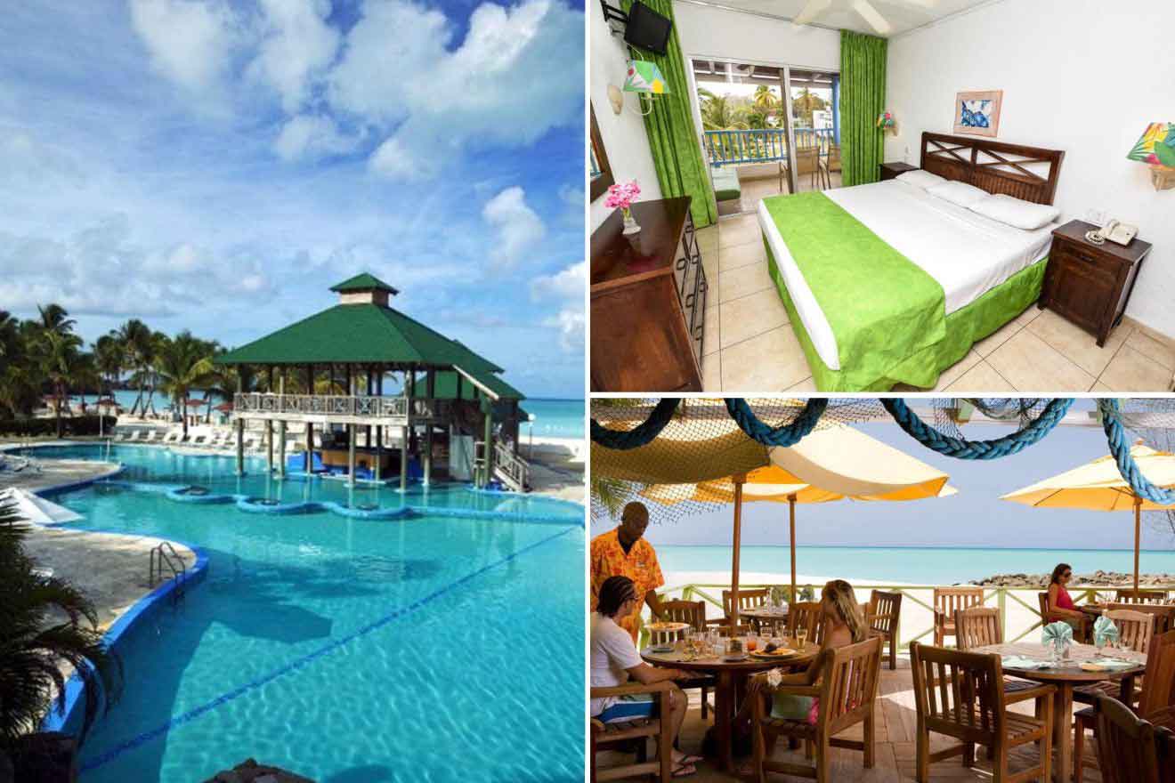 collage of 3 images containing a swimming pool, bedroom, and restaurant