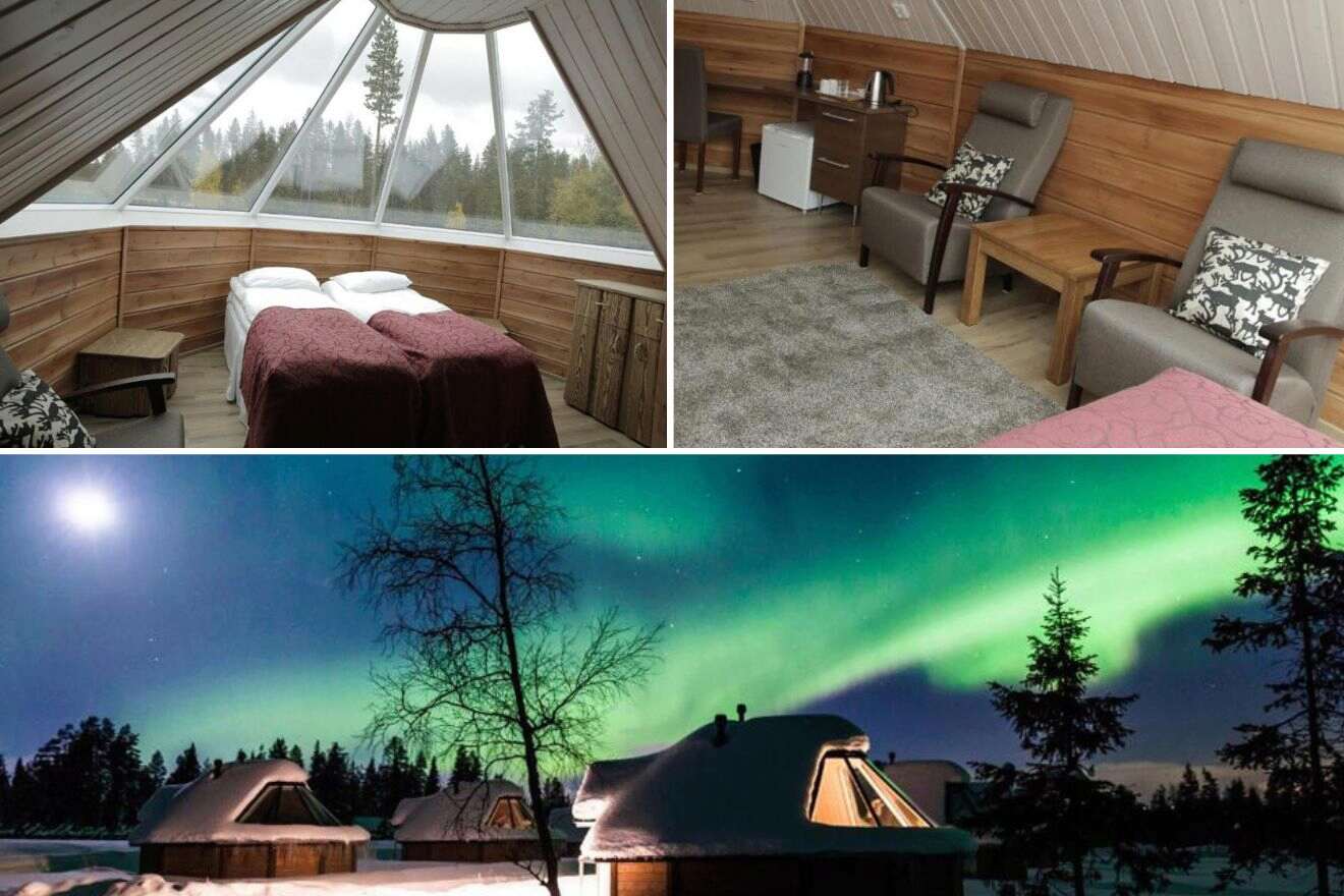 collage of 3 images containing a bedroom, a lounge area, and an outdoor view  of igloos and the northern lights