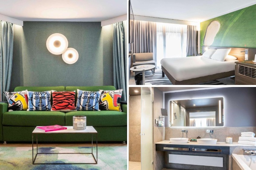 collage of 3 images containing a lounge area, bathroom and bedroom
