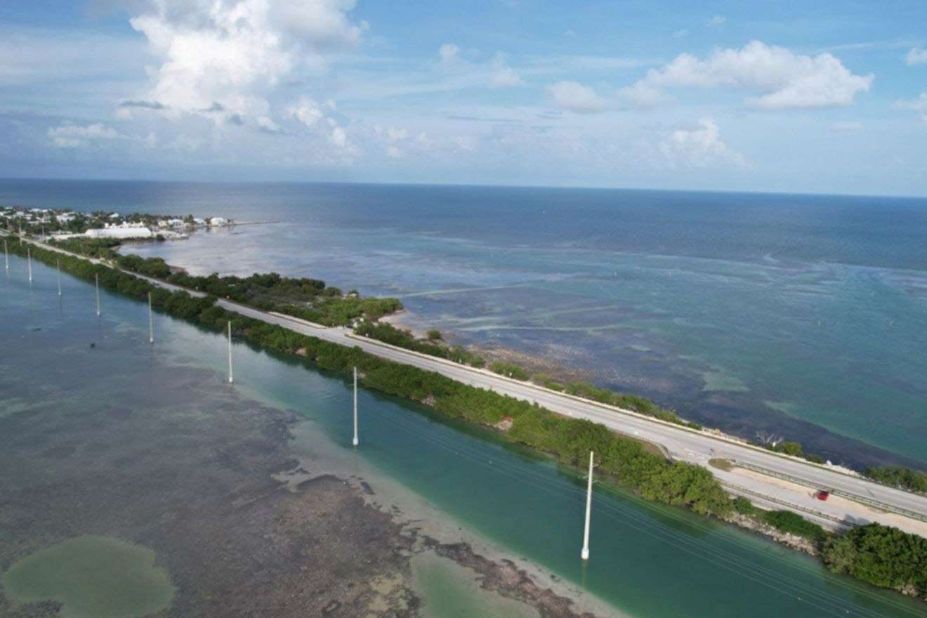 aerial view over Matecumbe Key road and sea