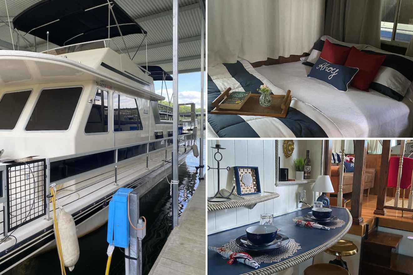 collage of 3 images with a yacht, bedroom, and dining area