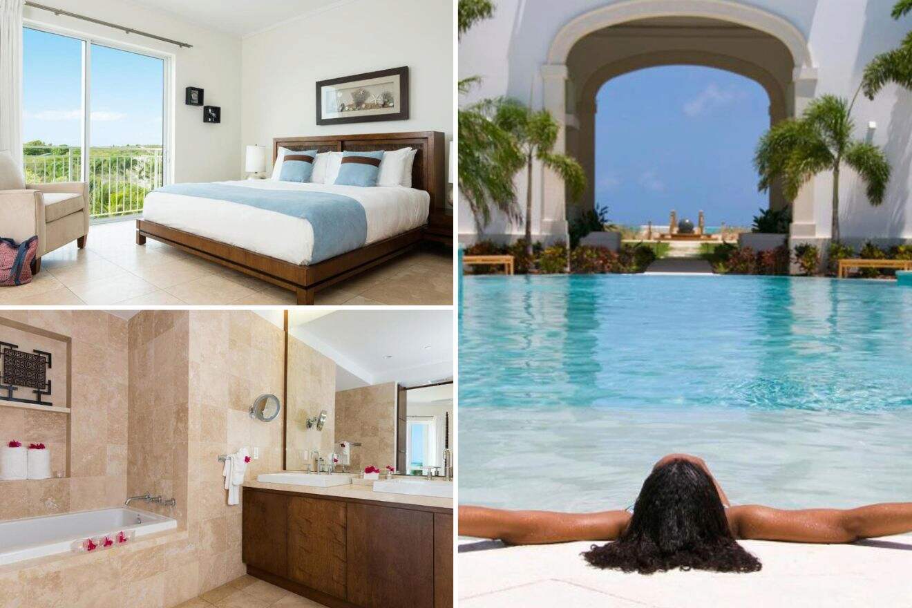 collage of 3 images containing a woman sitting in the swimming pool, bedroom, and bathroom