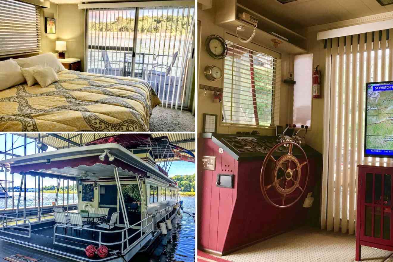 collage of 3 images with a yacht, bedroom, and boat wheel